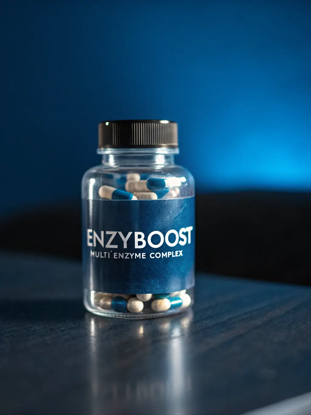 Image of various digestive enzymes capsules with a spoon of food, highlighting their role in breaking down nutrients.