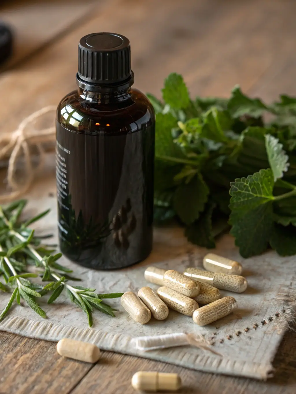 Close-up shot of a bottle of probiotics with a blurred background of fresh fruits and vegetables, emphasizing gut health.