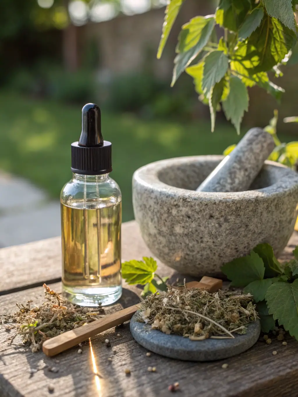 Image of a bottle of herbal adaptogens with a background of natural herbs, emphasizing stress relief and energy balance.