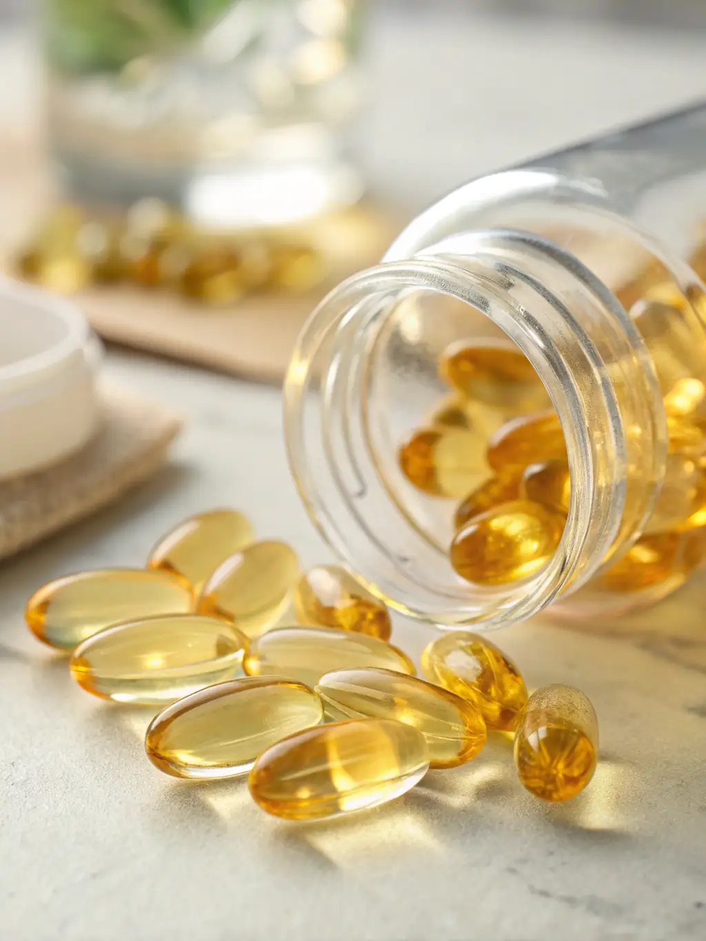 A bottle of omega-3 supplements with a background of fresh fish and flax seeds, showcasing their anti-inflammatory properties.